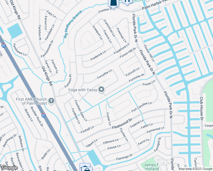 map of restaurants, bars, coffee shops, grocery stores, and more near 110 Forsythe Ln in Palm Coast
