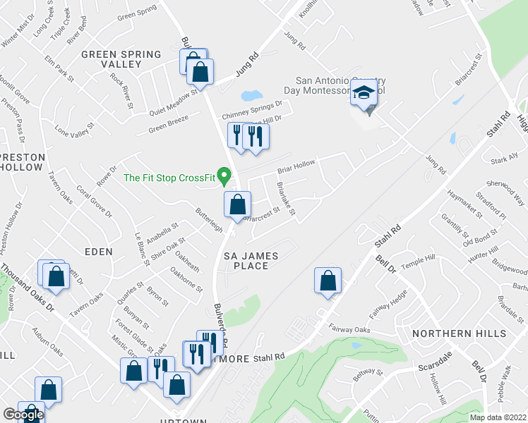map of restaurants, bars, coffee shops, grocery stores, and more near 3827 Briarcrest Street in San Antonio