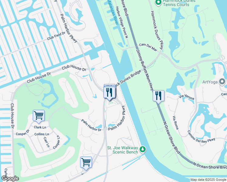 map of restaurants, bars, coffee shops, grocery stores, and more near 100 Palm Harbor Parkway in Palm Coast