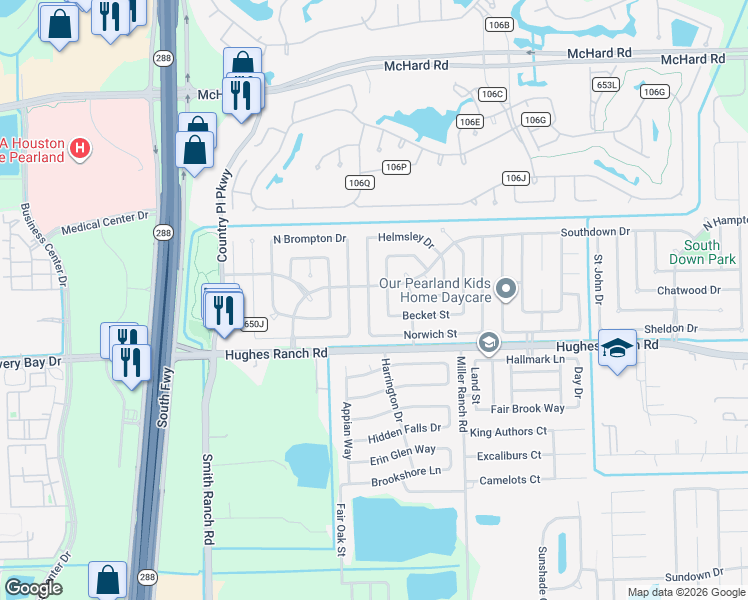 map of restaurants, bars, coffee shops, grocery stores, and more near 1111 Woodbridge Avenue in Pearland