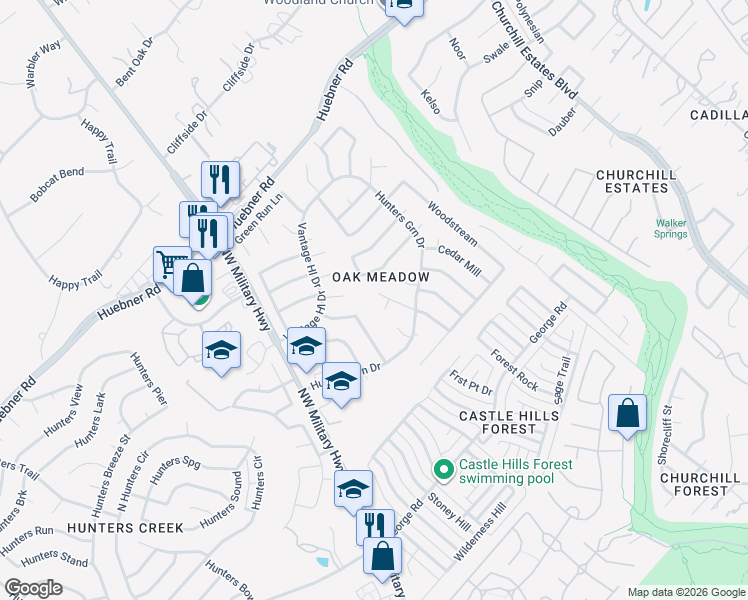 map of restaurants, bars, coffee shops, grocery stores, and more near 2710 Indian Ridge Drive in San Antonio