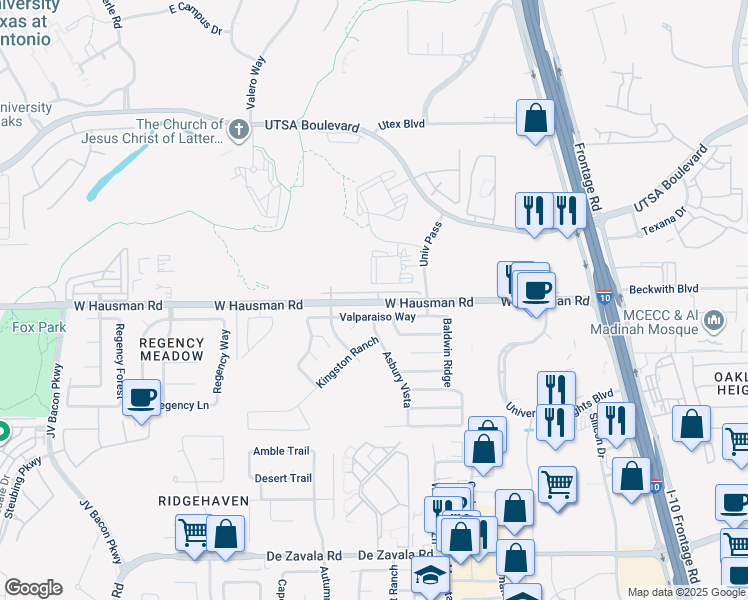 map of restaurants, bars, coffee shops, grocery stores, and more near 6015 Valparaiso Way in San Antonio