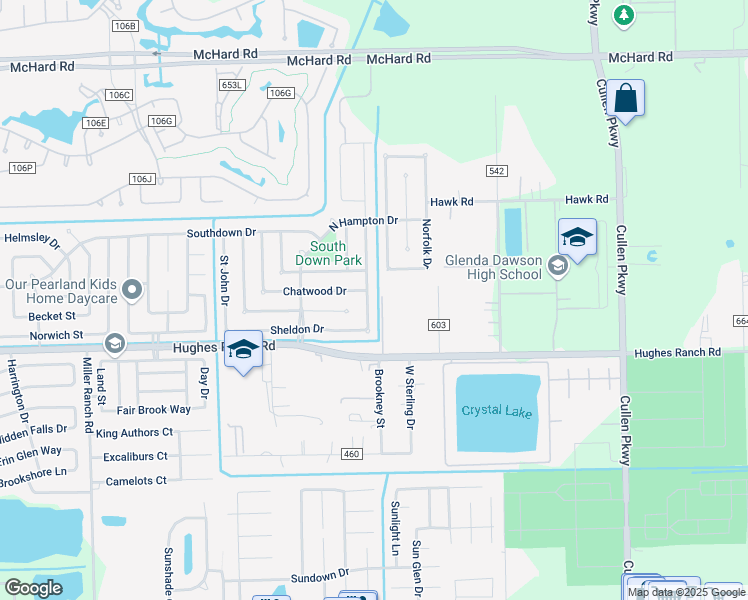 map of restaurants, bars, coffee shops, grocery stores, and more near 1119 East Hampton Drive in Pearland