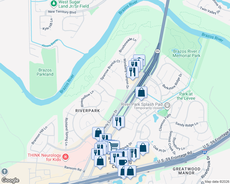 map of restaurants, bars, coffee shops, grocery stores, and more near 5522 Linden Grove Court in Sugar Land