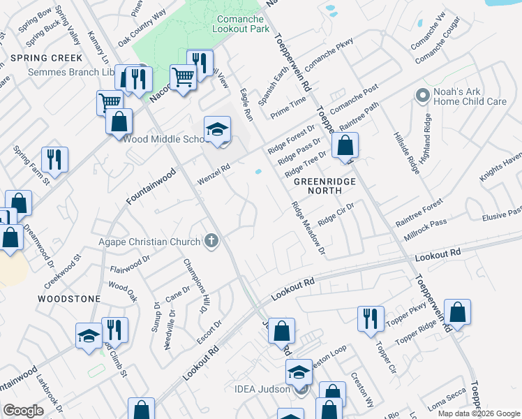 map of restaurants, bars, coffee shops, grocery stores, and more near 14442 Woods Hole Drive in San Antonio