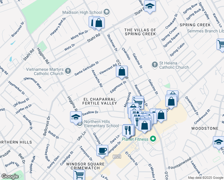 map of restaurants, bars, coffee shops, grocery stores, and more near 14413 Edgemont Street in San Antonio
