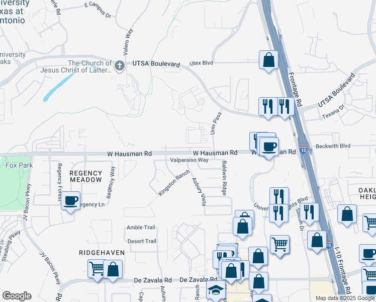 map of restaurants, bars, coffee shops, grocery stores, and more near 6015 Valparaiso Way in San Antonio