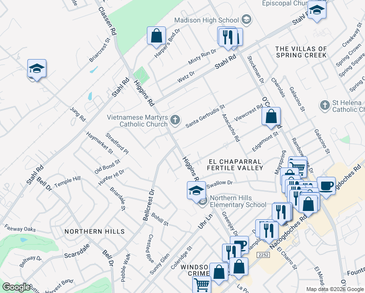 map of restaurants, bars, coffee shops, grocery stores, and more near 4823 Viewcrest Road in San Antonio