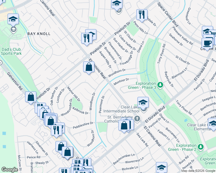 map of restaurants, bars, coffee shops, grocery stores, and more near 15402 Peermont Street in Houston