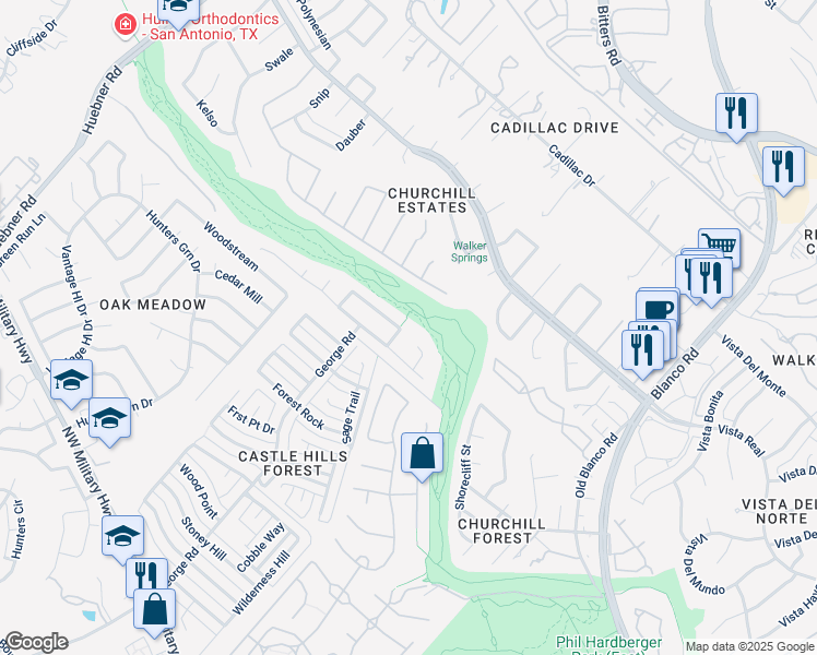 map of restaurants, bars, coffee shops, grocery stores, and more near 2602 Mushroom Trail in San Antonio