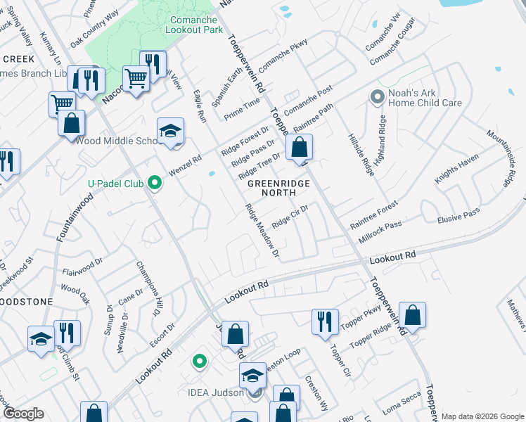 map of restaurants, bars, coffee shops, grocery stores, and more near 6411 Green Apple Drive in San Antonio