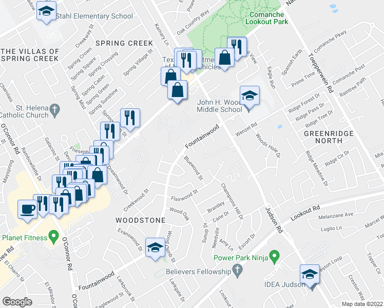 map of restaurants, bars, coffee shops, grocery stores, and more near 14407 Allwood Street in San Antonio
