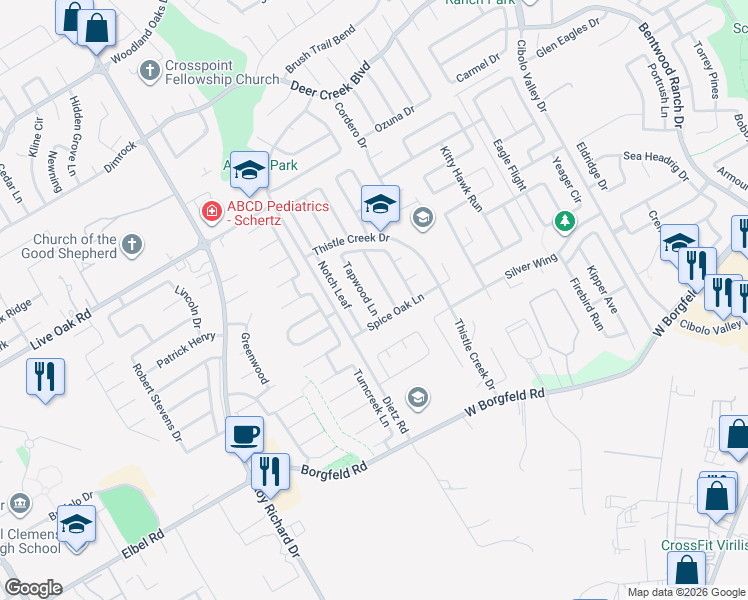 map of restaurants, bars, coffee shops, grocery stores, and more near 197 Tapwood Lane in Cibolo