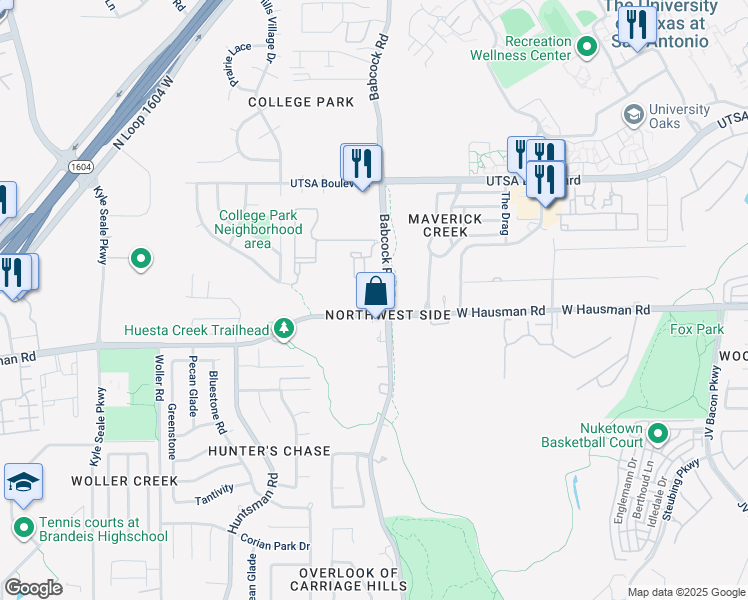 map of restaurants, bars, coffee shops, grocery stores, and more near 13619 Babcock Road in San Antonio