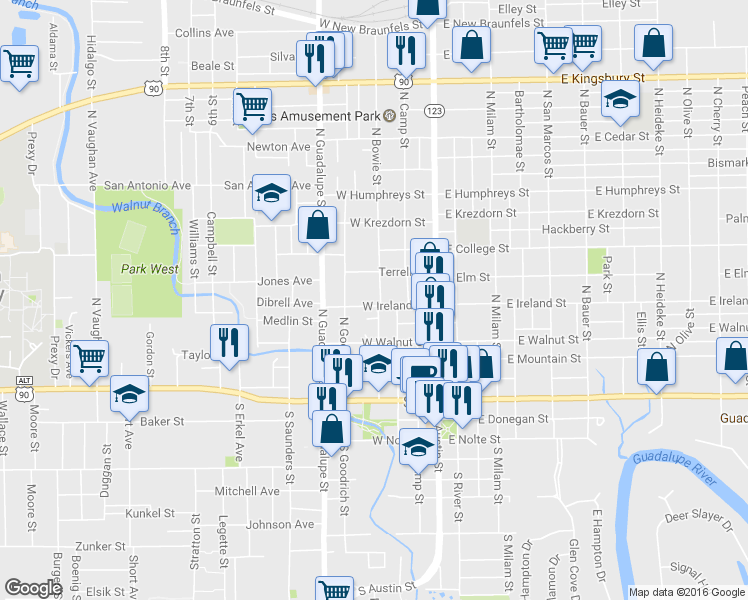 map of restaurants, bars, coffee shops, grocery stores, and more near 502 North Bowie Street in Seguin
