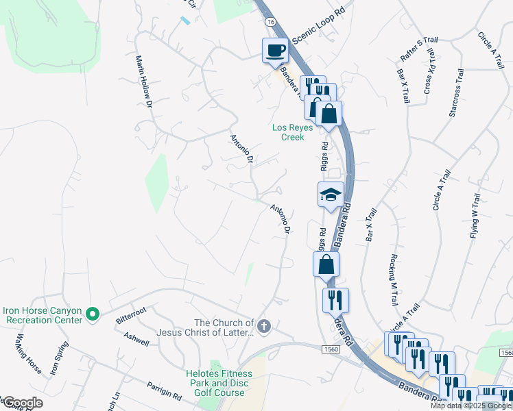 map of restaurants, bars, coffee shops, grocery stores, and more near 13941 Adobe Walls Drive in Helotes
