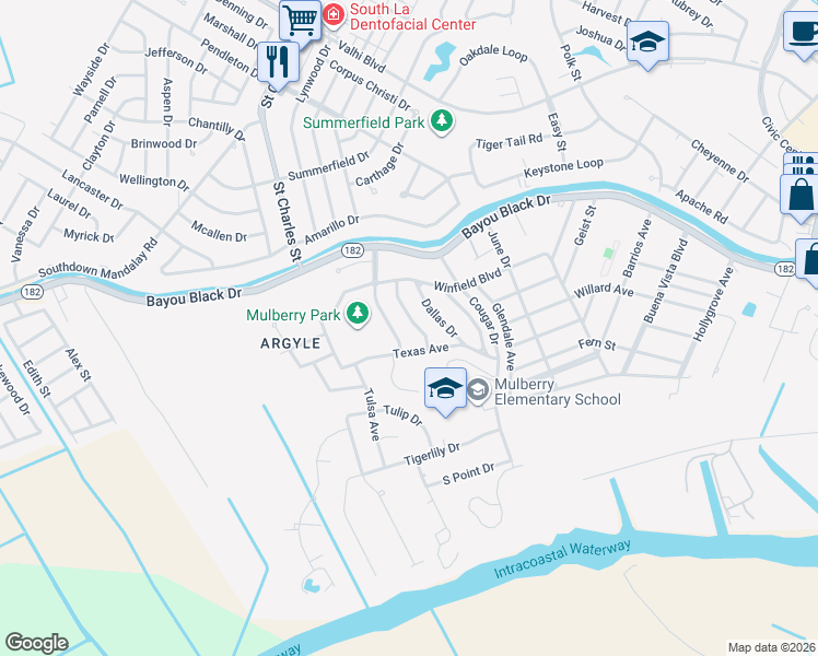 map of restaurants, bars, coffee shops, grocery stores, and more near 16 Houston Avenue in Houma