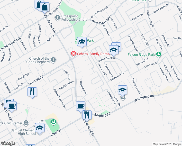 map of restaurants, bars, coffee shops, grocery stores, and more near 1116 Sandy Ridge Circle in Schertz