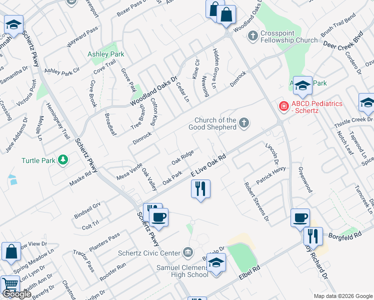 map of restaurants, bars, coffee shops, grocery stores, and more near 1009 Oak Ridge in Schertz