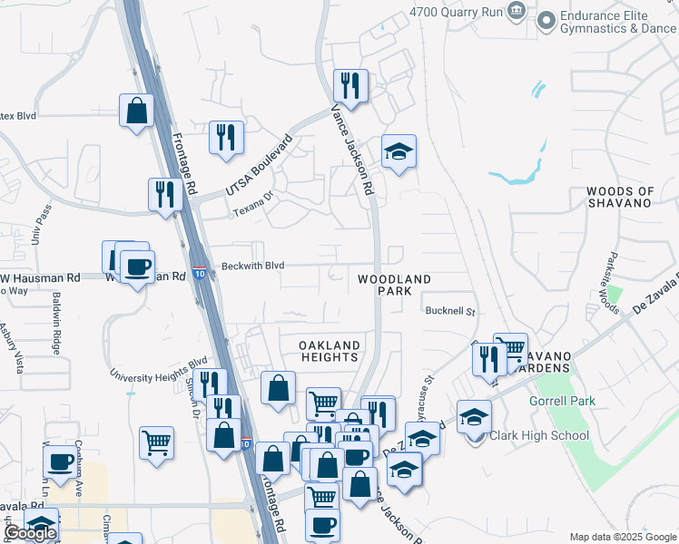 map of restaurants, bars, coffee shops, grocery stores, and more near 5020 Beckwith Boulevard in San Antonio