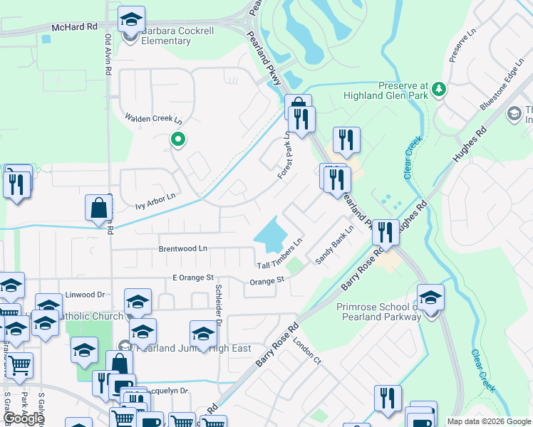 map of restaurants, bars, coffee shops, grocery stores, and more near 2011 Foxglove Oaks Lane in Pearland