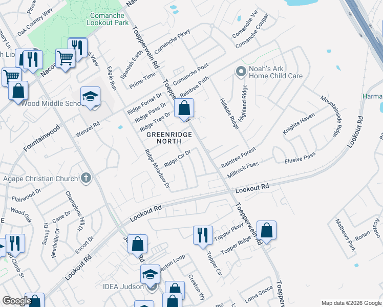 map of restaurants, bars, coffee shops, grocery stores, and more near 14330 Ridge Point Drive in San Antonio