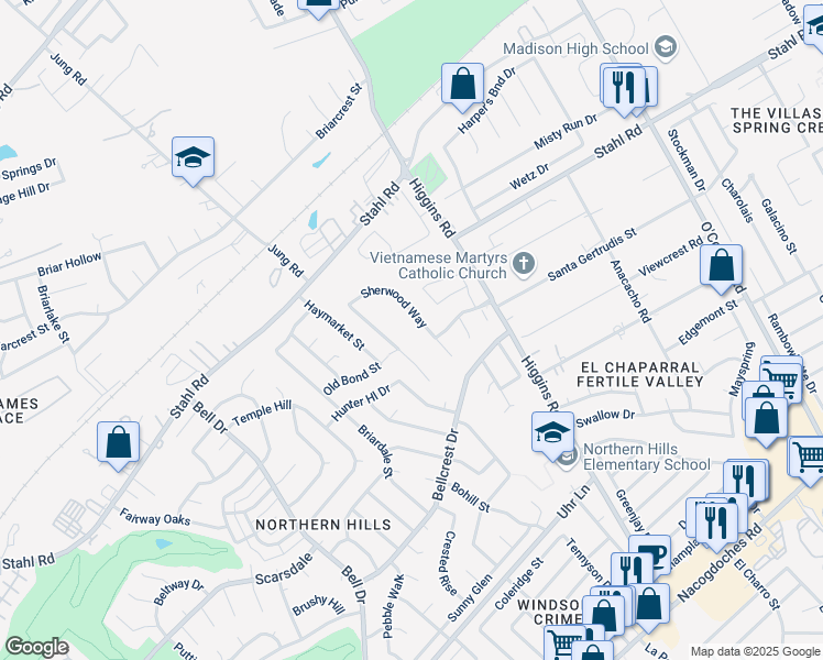 map of restaurants, bars, coffee shops, grocery stores, and more near 4467 Stradford Place in San Antonio