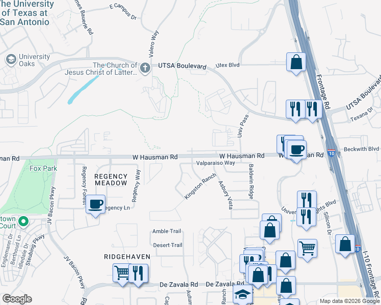 map of restaurants, bars, coffee shops, grocery stores, and more near 6051 Valparaiso Way in San Antonio