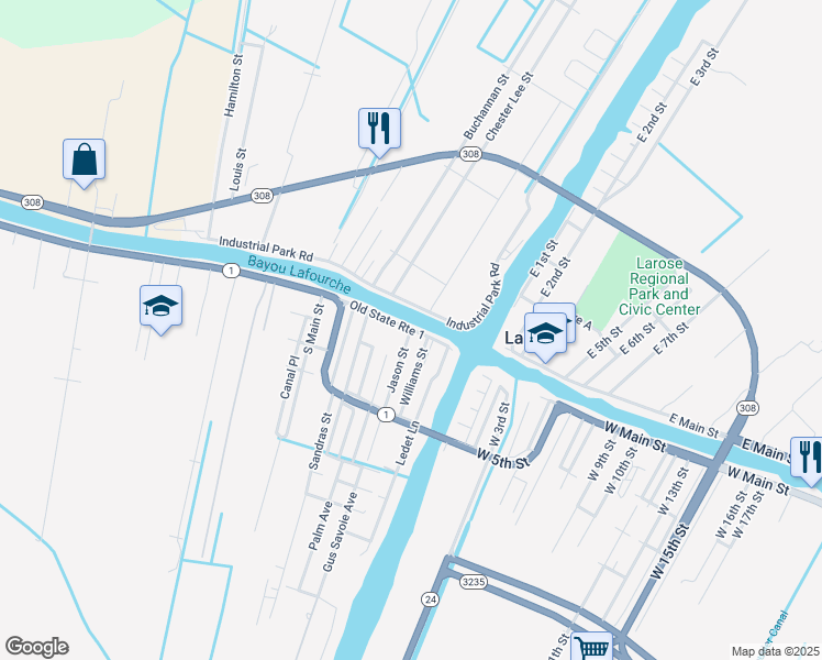 map of restaurants, bars, coffee shops, grocery stores, and more near 101 Jason Street in Larose