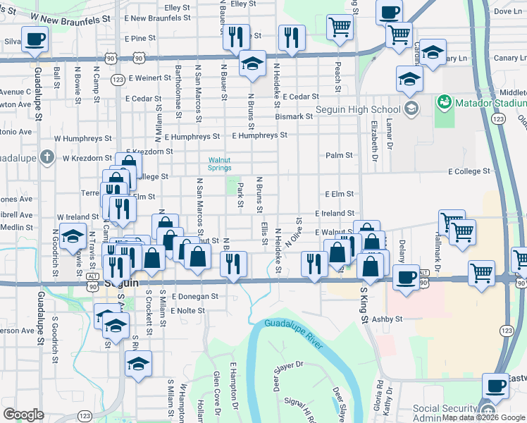 map of restaurants, bars, coffee shops, grocery stores, and more near 503 North Bruns Street in Seguin