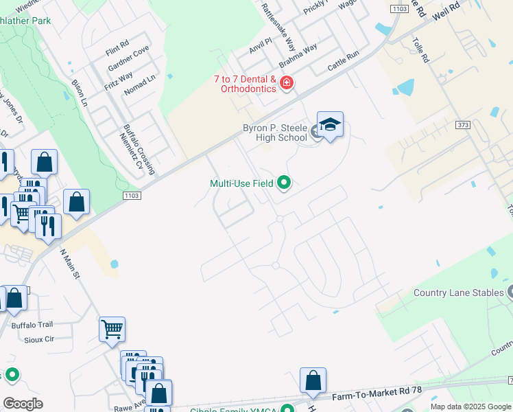 map of restaurants, bars, coffee shops, grocery stores, and more near 404 Steele rapids in Cibolo