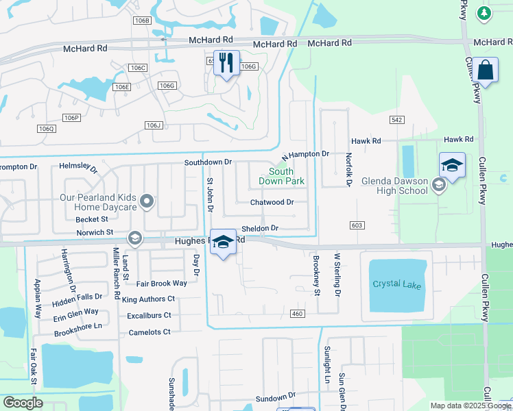 map of restaurants, bars, coffee shops, grocery stores, and more near 3530 Chatwood Drive in Pearland