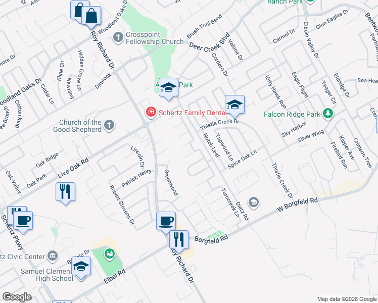 map of restaurants, bars, coffee shops, grocery stores, and more near 1116 Sandy Ridge Circle in Schertz