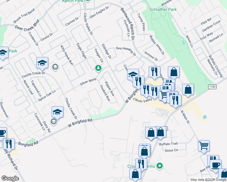 map of restaurants, bars, coffee shops, grocery stores, and more near 205 Kipper Avenue in Cibolo