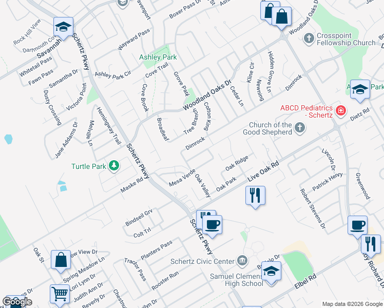 map of restaurants, bars, coffee shops, grocery stores, and more near 817 Water Oak in Schertz