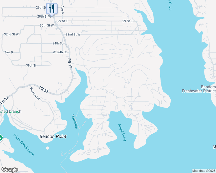 map of restaurants, bars, coffee shops, grocery stores, and more near 166 Escondido Lane in Lakehills