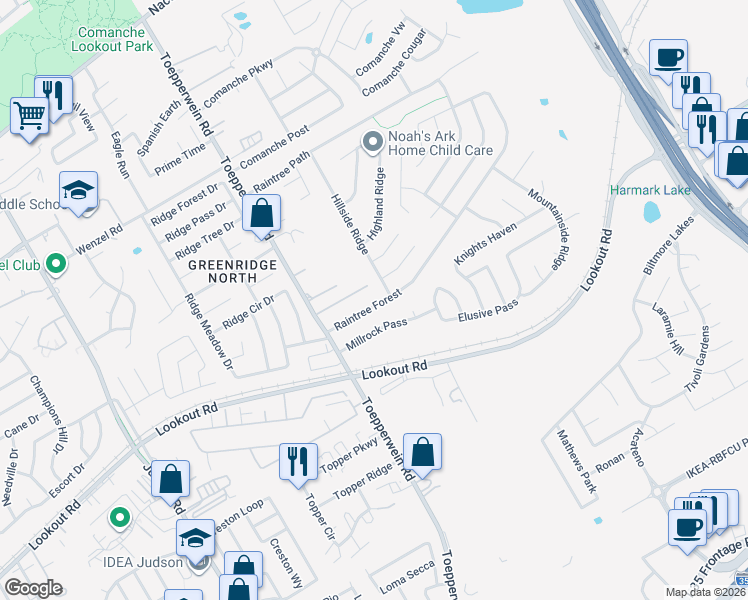 map of restaurants, bars, coffee shops, grocery stores, and more near 6726 Raintree Forest in San Antonio