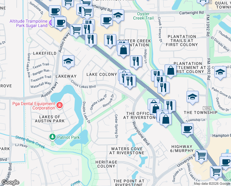 map of restaurants, bars, coffee shops, grocery stores, and more near 3007 Cotter Lake Circle in Missouri City
