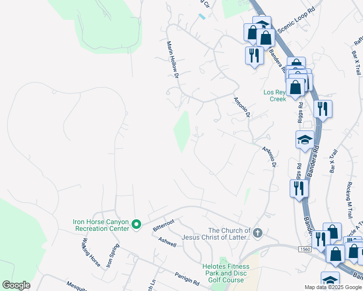 map of restaurants, bars, coffee shops, grocery stores, and more near 13120 Adobe Walls Drive in Helotes