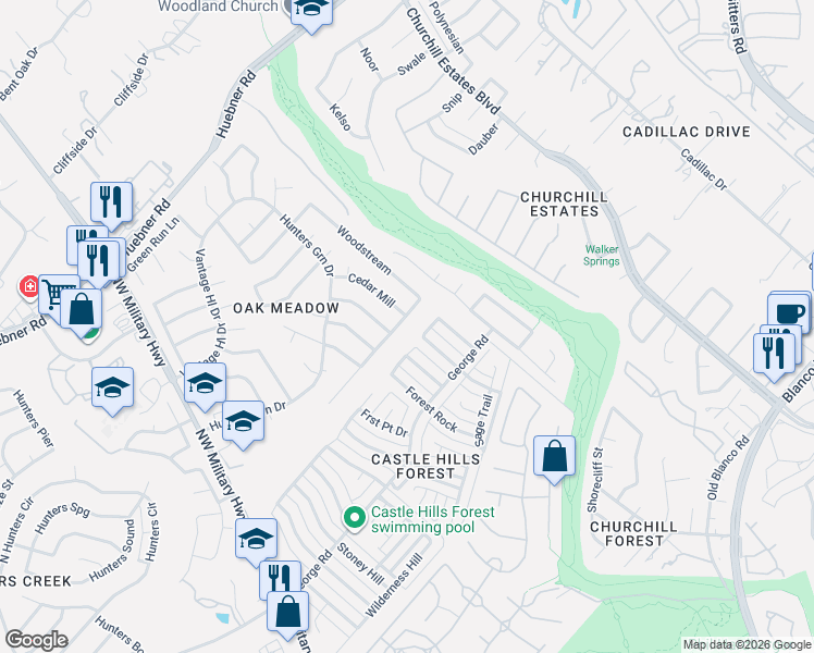 map of restaurants, bars, coffee shops, grocery stores, and more near 2702 Peppermill Run Street in San Antonio