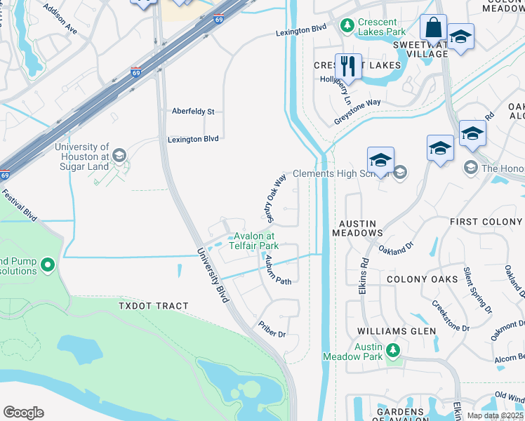 map of restaurants, bars, coffee shops, grocery stores, and more near 2603 Macoma Court in Sugar Land