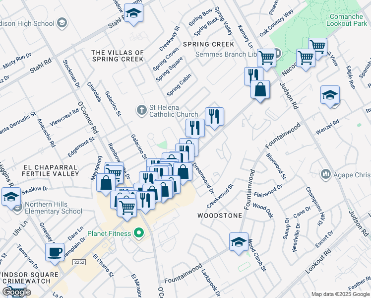 map of restaurants, bars, coffee shops, grocery stores, and more near 5439 Friesenhahn Court in San Antonio