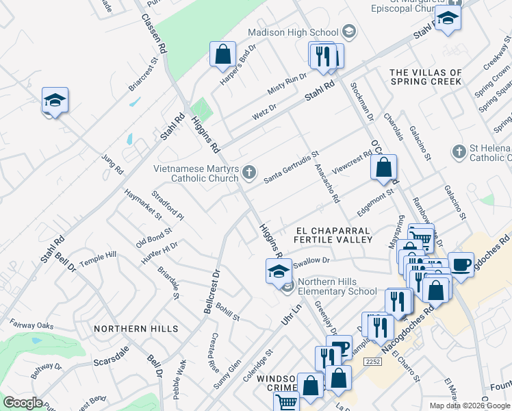 map of restaurants, bars, coffee shops, grocery stores, and more near 4823 Viewcrest Road in San Antonio