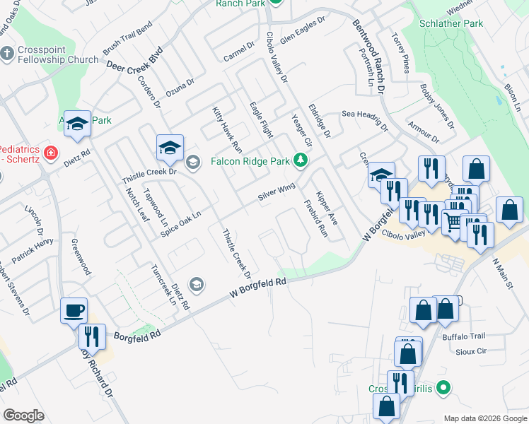 map of restaurants, bars, coffee shops, grocery stores, and more near 112 Cirrus Cove in Cibolo