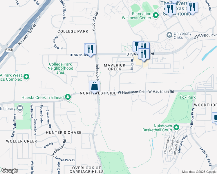 map of restaurants, bars, coffee shops, grocery stores, and more near 102 Jetlyn Drive in San Antonio