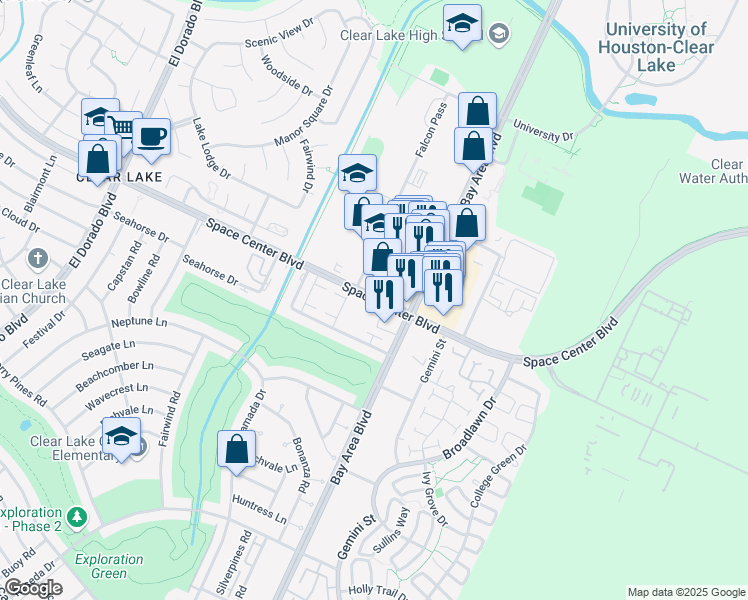 map of restaurants, bars, coffee shops, grocery stores, and more near 16202 Space Center Boulevard in Houston