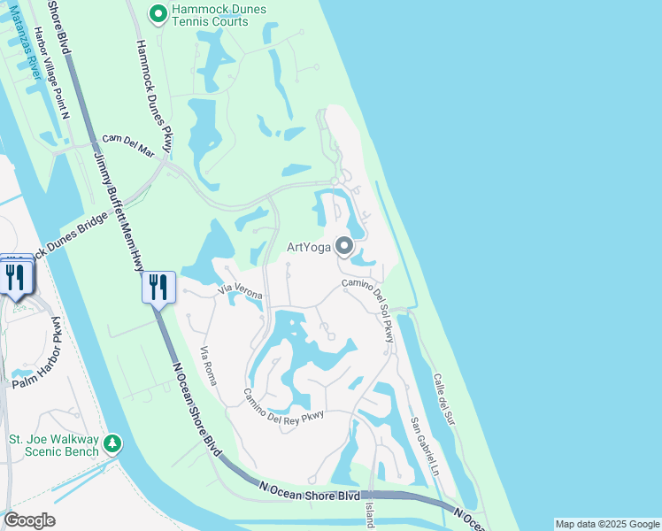 map of restaurants, bars, coffee shops, grocery stores, and more near 125 Avenue De La Mer in Palm Coast