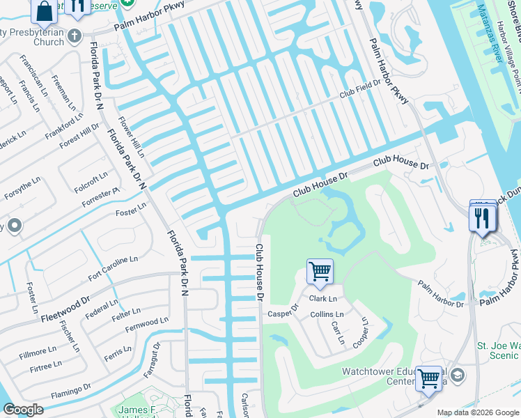 map of restaurants, bars, coffee shops, grocery stores, and more near 54 Club House Drive in Palm Coast
