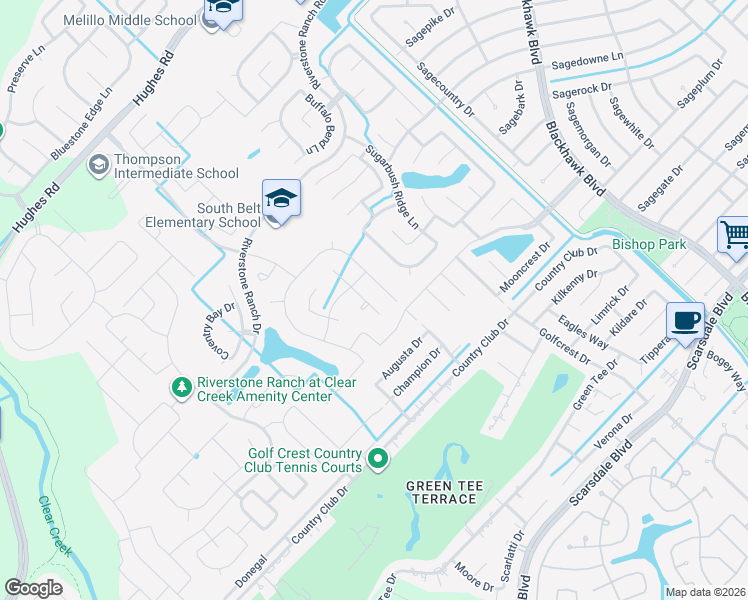 map of restaurants, bars, coffee shops, grocery stores, and more near 1905 Thunder Ridge Way in Houston