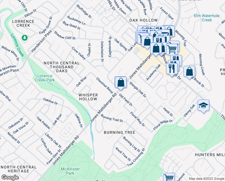 map of restaurants, bars, coffee shops, grocery stores, and more near 2675 Chestnut Bend in San Antonio